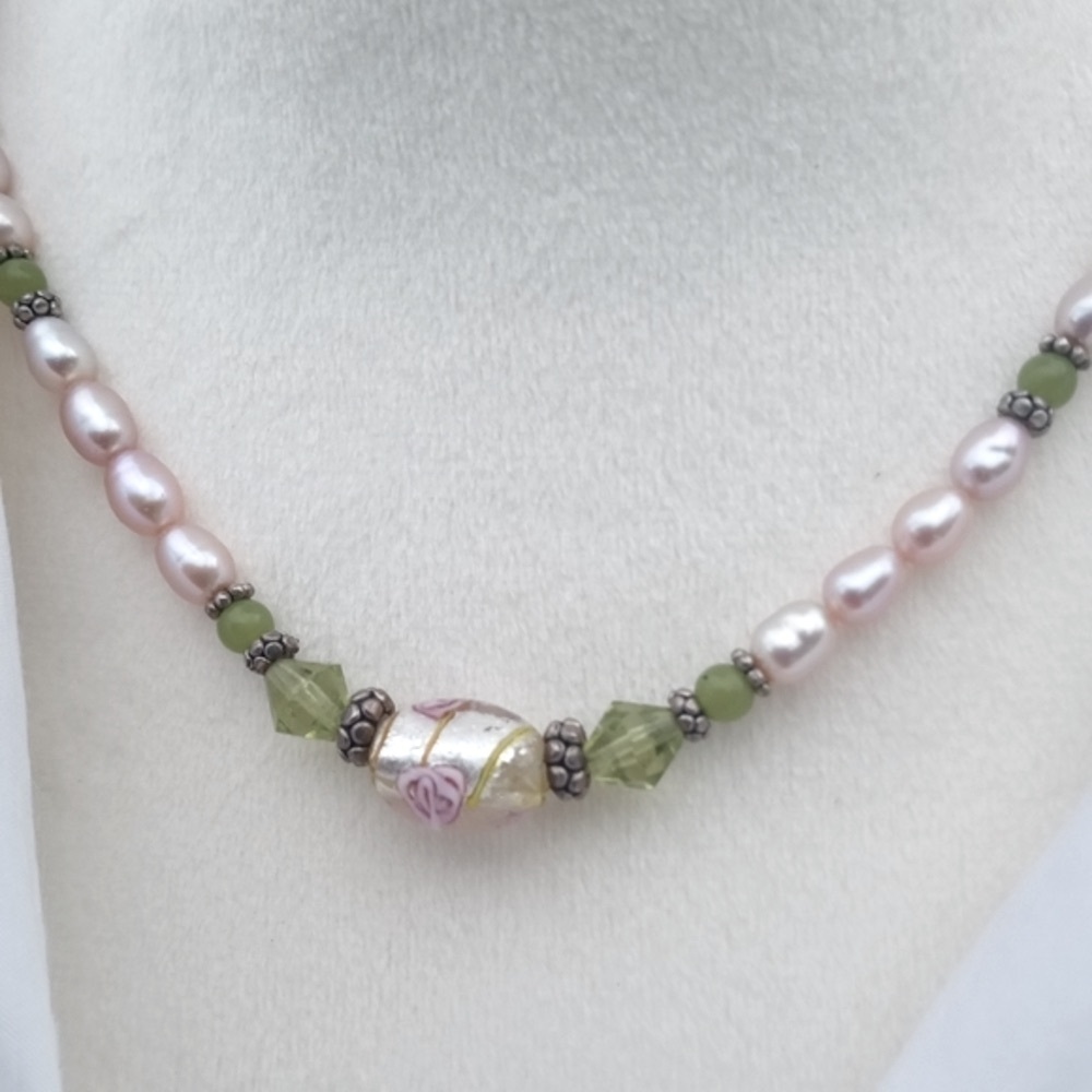Cultured Pearl Necklace Pink Green Hand painted Beads